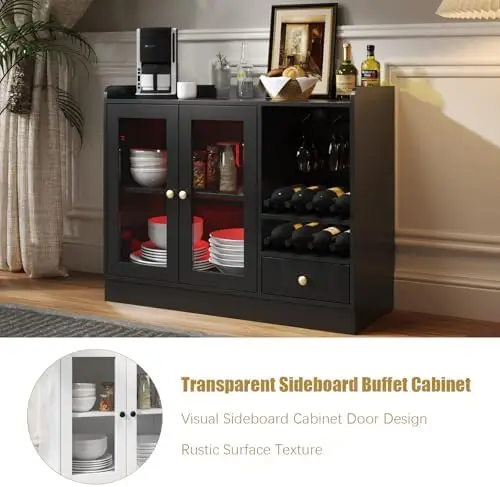 Wine Bar Cabinet with Tempered Acrylic Door & Rack, Freestanding Buffet Sideboard with Glass Holder, Coffee Bar Cabinet image 5