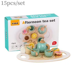 Casa de juegos de simulación de educación temprana para niños, juego de té de la tarde, postre, pastel, olla de té, taza, juguetes de madera