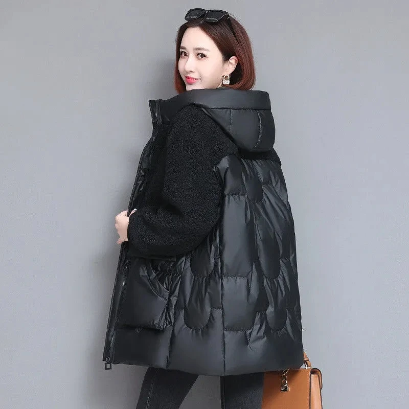 Winter Stitching Faux Lamb Wool Jacket Women\'s 4XL Fashion New Thicken Cotton Hooded Coat Mid-length Warm Female Parkas Outwear