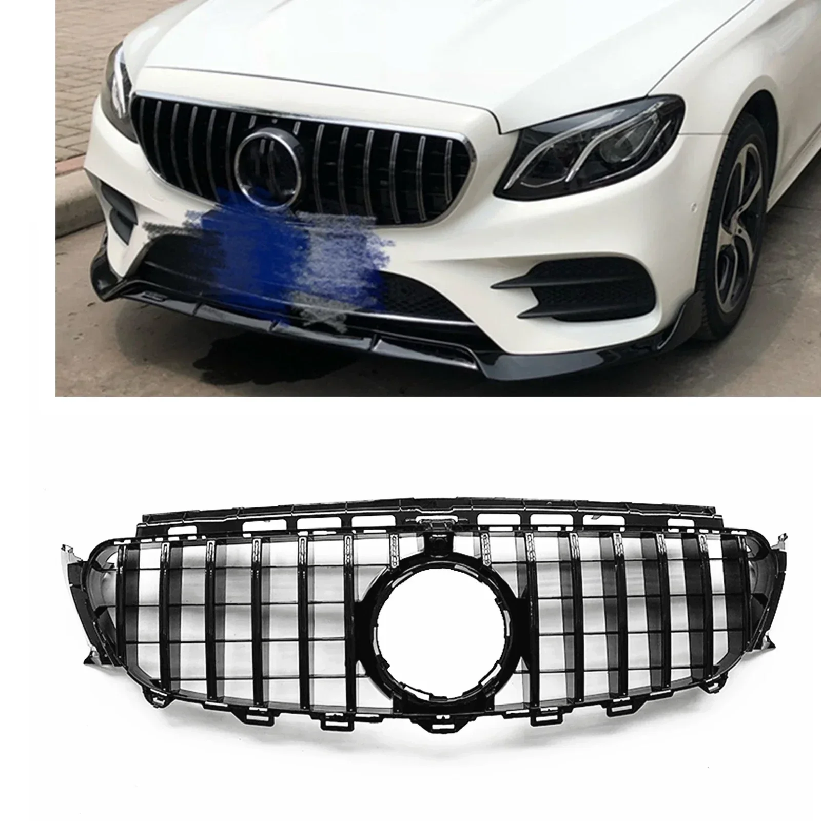 

New！ Grill For Mercedes-Benz E Class W213 2016-2020 E200 E250 E300 GT Style Upper Grille Black/Silver Car Front Bumper Hood Mesh