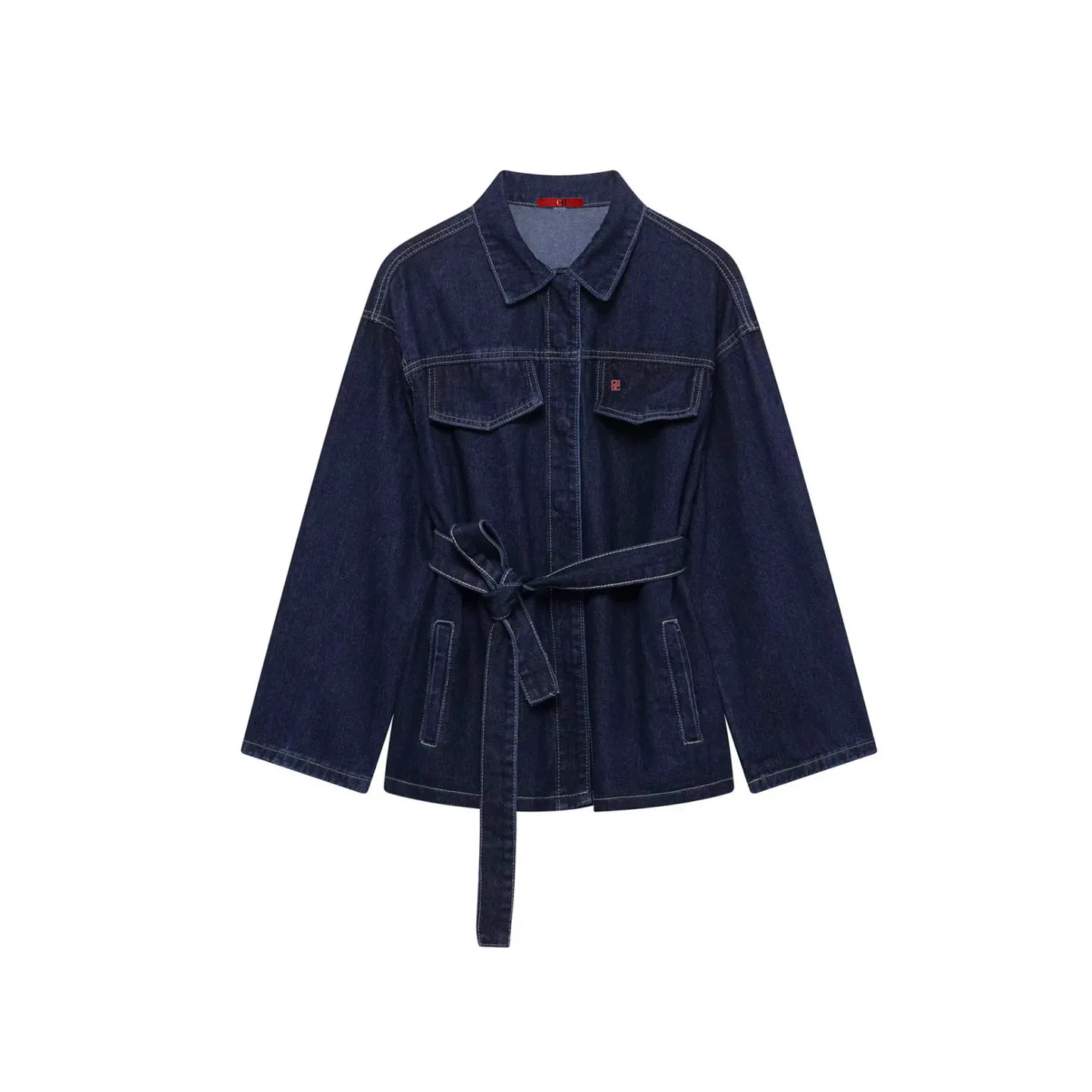 CH Damen Denim Zweiteiler: Langärmelige Jacke mit Gürtel und Weitbein-Jeans, Lässiger Street-Style Anzug für Damen, Herbst-Winter-Stil – Detail 3