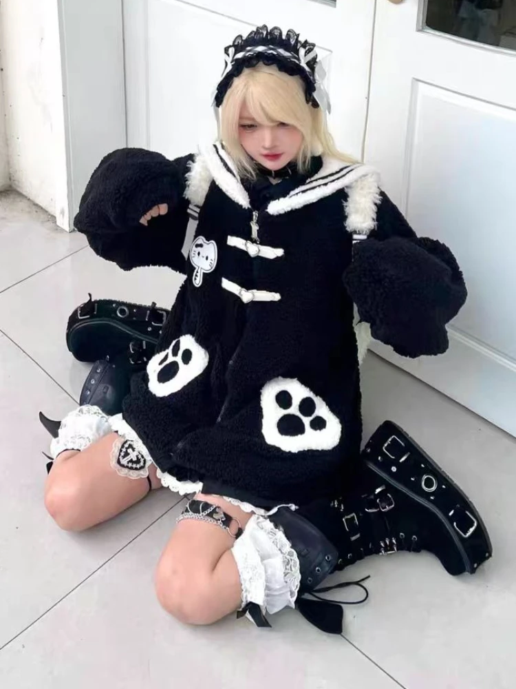 

Kawaii милое свободное пальто на молнии с длинными рукавами, женское модное розовое лоскутное зимнее пальто, милая однотонная темно-синяя одежда с воротником
