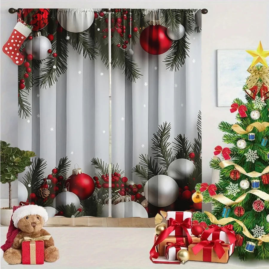 2PCS Grey Christmas Ball Print Curtains, Red Silver Bauble Pine Branch Window Drapes for Xmas Holiday Bedroom Living Room