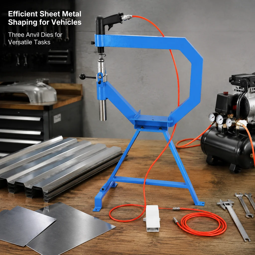 Professional Heavy Duty Pneumatic Planishing Hammer with Foot Pedal & Stand, 3 Anvils (1