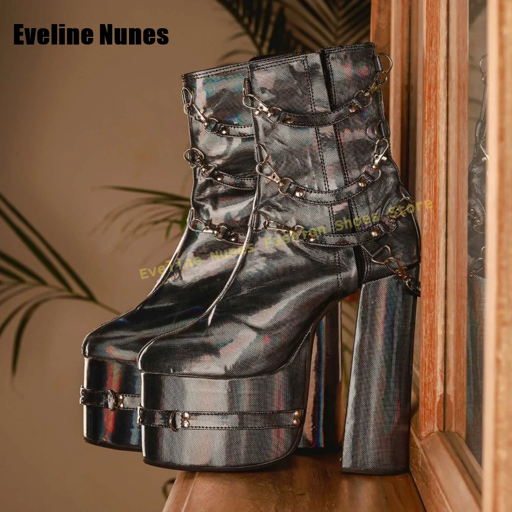

Laser Silver Chain Decoration Punk Boots Round Toe Height Increase Platform Patchwork Fashion Women Mid Calf Boots 2025 Trend