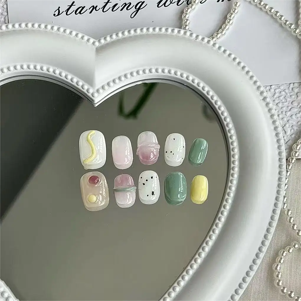 

10Pcs Handmade lovely Press on Nails Short Cute Reusable Adhesive False Nails Acrylic Nail Tips Nail Art Y2k Girls