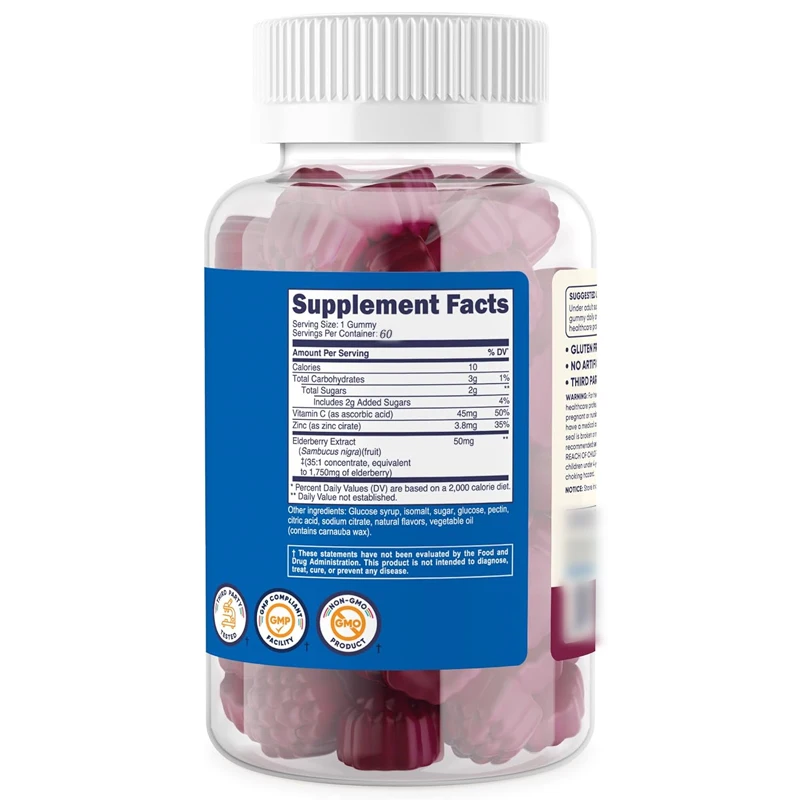 Children's elderberry gummies (50mg) with zinc and vitamin C, 60 vegetarian gummies - gluten free, corn syrup free