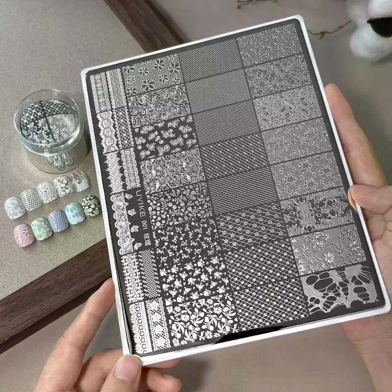 Lace Texture Plus Nail Art Printing Steel Plate – Exquisite Floral Mesh Lace Border DIY Transfer Tool 1Pcs