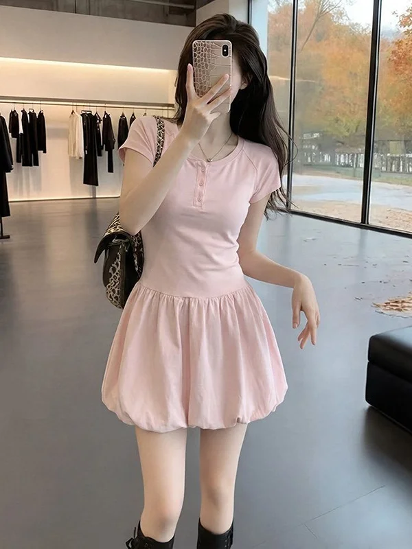 

plus Size 300 Pounds Pink A-Line Dress Women's Casual Short Skirt Slimming Design Comfortable Breathable Summer Fashion