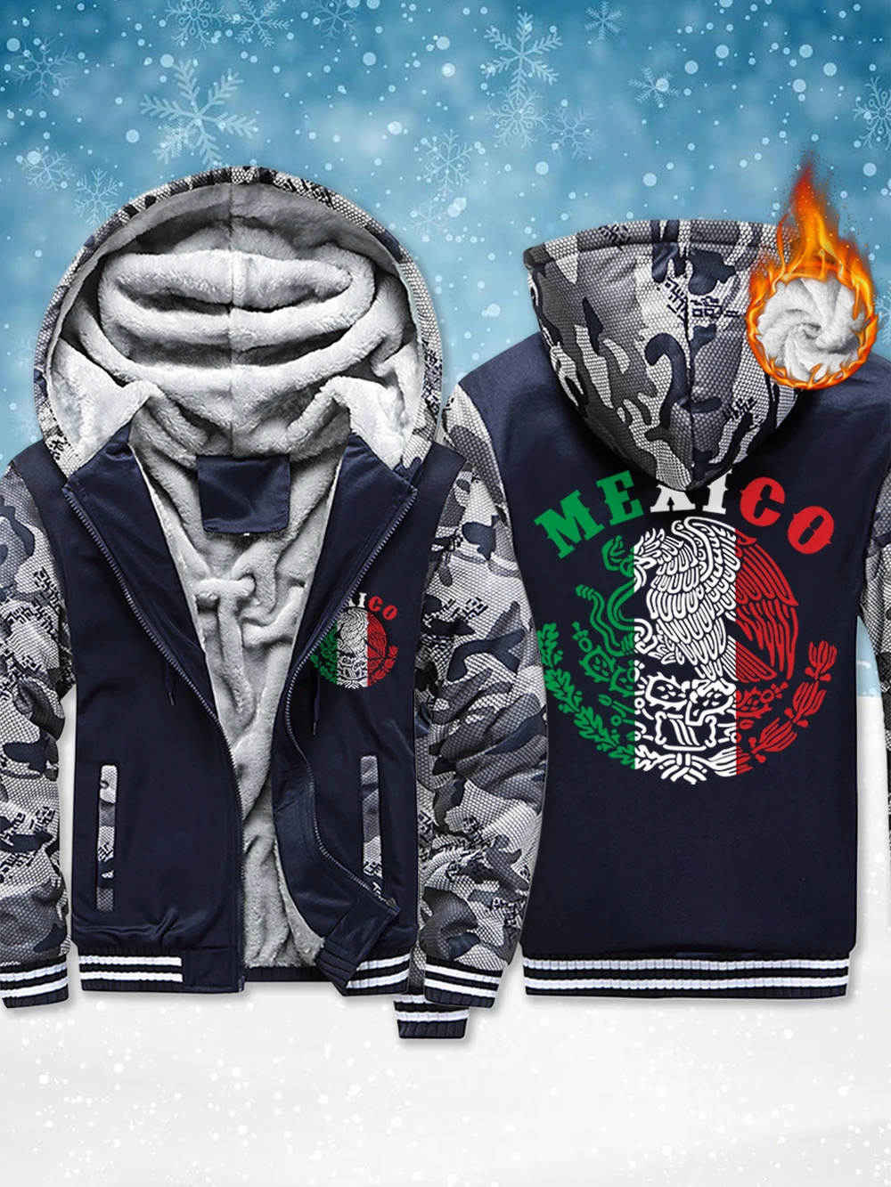 

Mexico Letter With Eagle Prints Mens Zipper Jackets Winter Windproof Thicken Outerwear Thermal Fleece Warm Coats Soft Male Tops