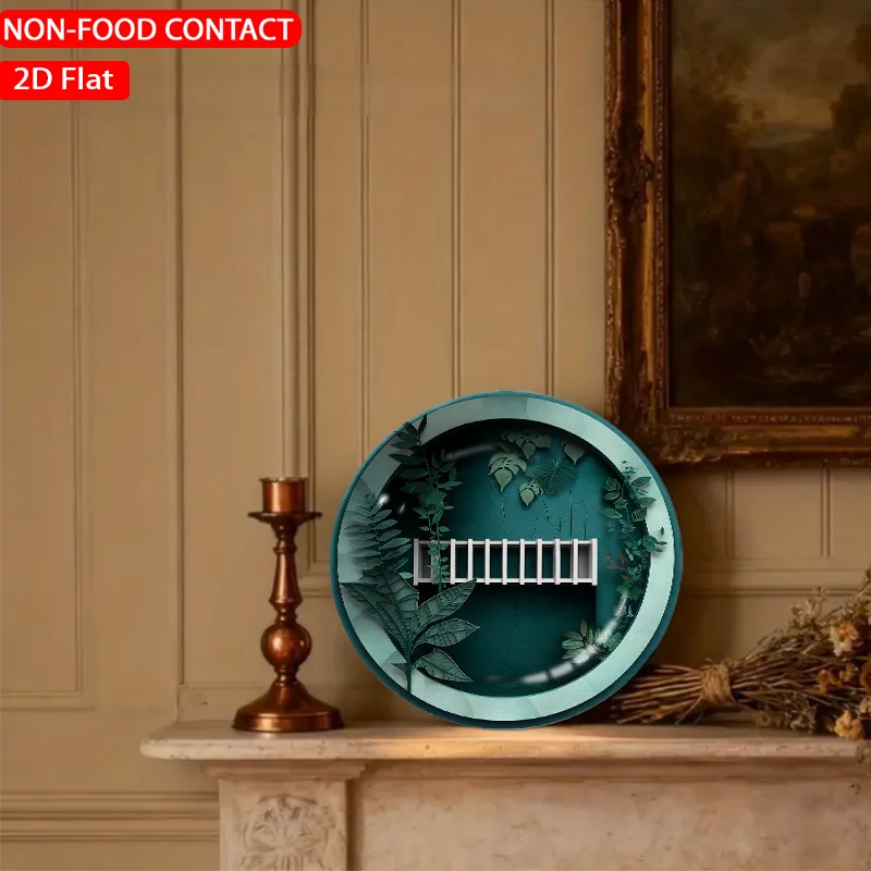 1pc Modern Retro Teal Ceramic Plate with Jungle Leaf Frame - Non-Food Contact Suitable for Home Desk Decor, Table Centerpiece,
