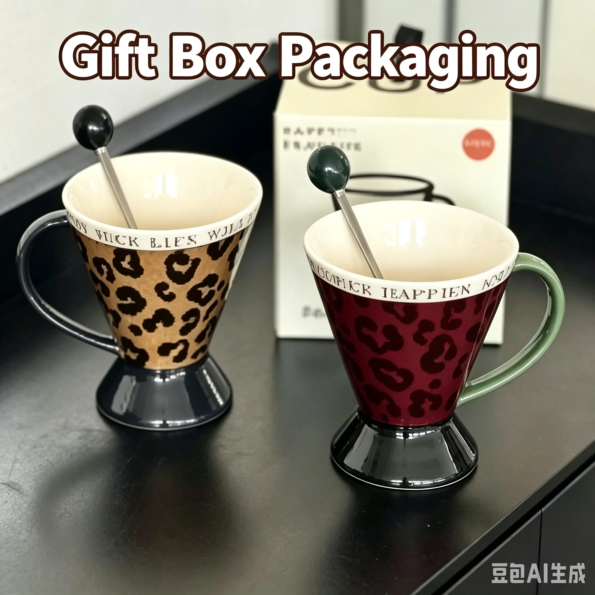 Retro Leopard Print Ceramic Cone Cup Set with Spoon Creative Coffee Or Water Drinking Cup Unique Birthday Gift for Bestie
