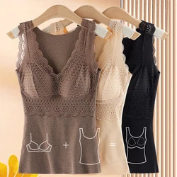 Thermal Vest with Padded Bra Women Warm Winter Tank Tops Stretch Velvet Thermo Camisole Lace Underwear Soft Thick Undershirt