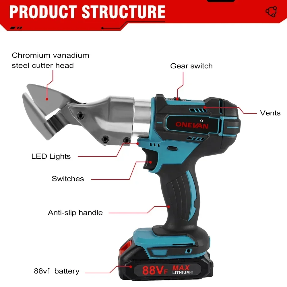 ONEVAN-Ferro Elétrica Tesoura, Ferramentas De Corte De Metal, Corte De Ferro Sem Fio, Tesoura De Folha, Cortador De Aço Carbono, Makita 18V Bateria