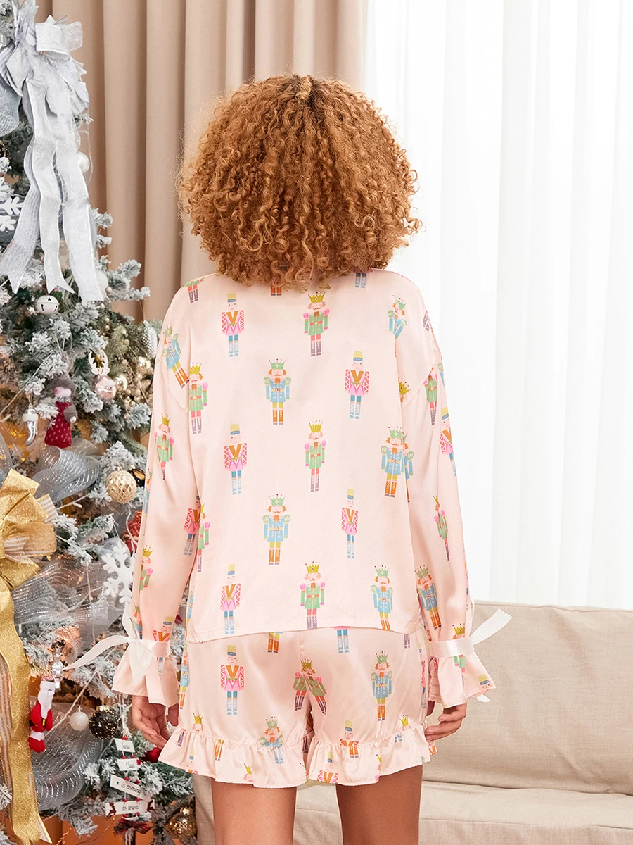 Women Christmas Pajamas Set Satin Silk 2 Piece Lounge Set Cute Bow Tie Long Sleeve Button Down Shirt Ruffle Shorts Pj Set