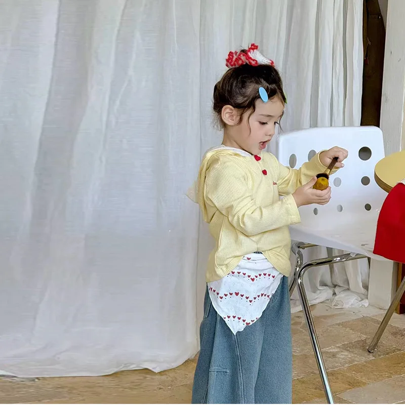 2025 Girls Autumn Hoodies Embroidery Korean Jeans Small Fried Dough Twists Knitting Top Denim Pants Two Piece Set