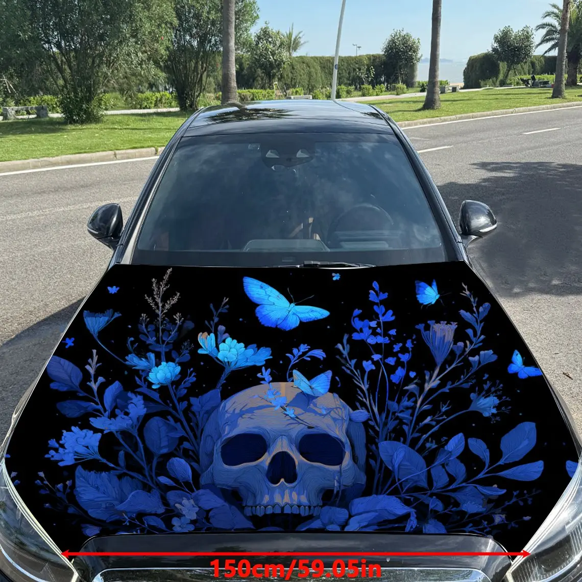 Blues Skull and Dance of Butterflies & Flowers Car Vinyl Wrap, PVC Material Waterproof Car Hood Sticker, Self-Adhesive Scratch-R