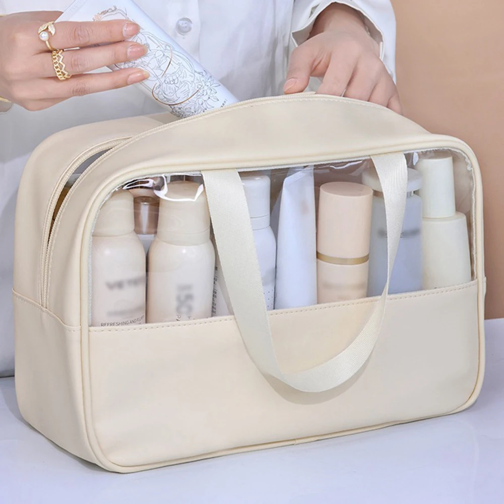 New Summer Beige Transparent Waterproof Makeup Bag Travel Wash Storage Bag Portable Fitness Swimming Handbag PVC