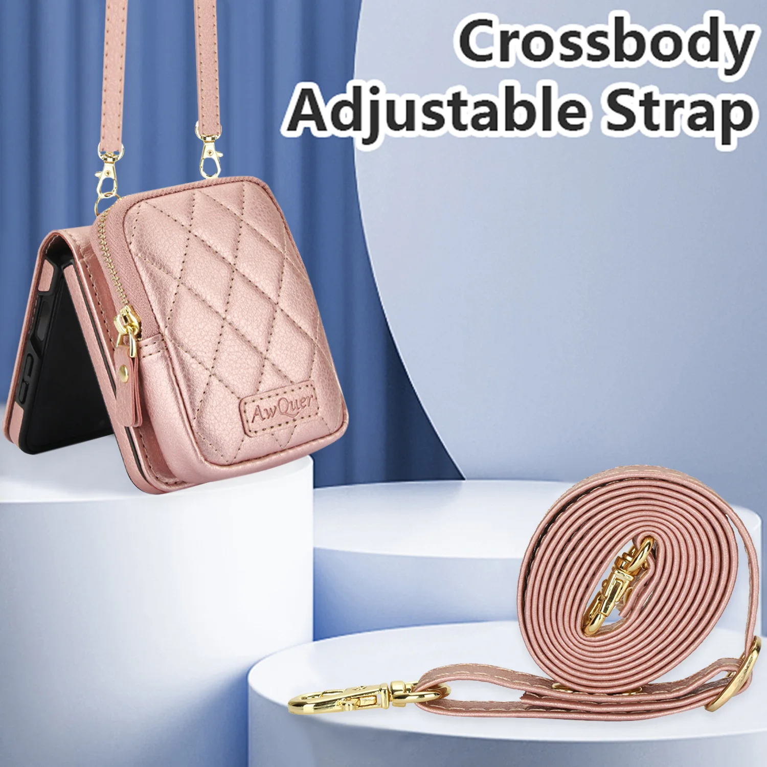 Luksusowe etui na Samsung Galaxy Z Flip 7 6 5 4 3, skórzane etui portfel z teksturą liczi, z długą smyczą, ochronne etui crossbody — zdjęcie produktu 4