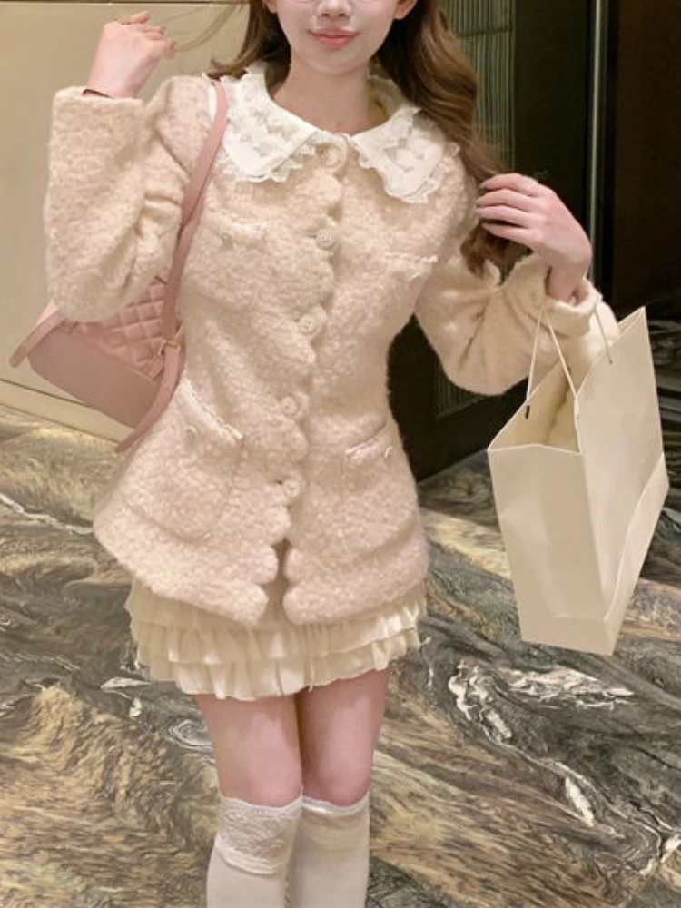 Winter Kawaii Warm Two Piece Set Women Patchwork Sweet Korea Casual Skirt Suits Female Woolen Cute Tops + Casual Cake Skirt 2024