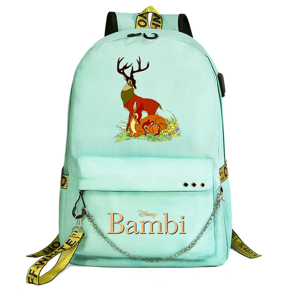 Fashion Disney Bambi Backpack Boys Girls School Bag Teenager USB Charging Chain Travel Backpack Student College Bookbag Mochila