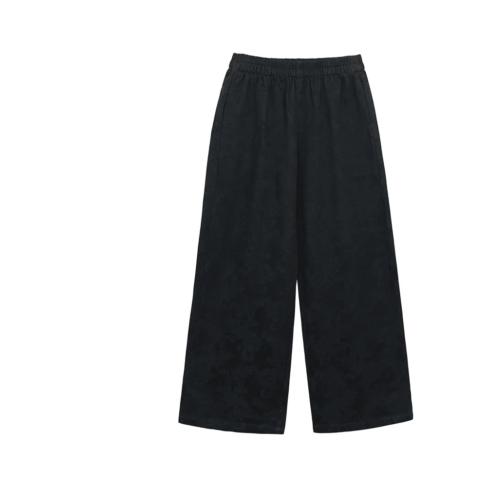 بنطلون نسائي طويل فضفاض متعدد الاستخدامات بخصر مرن، مصنوع من القطن والكتان بلون نقي مع تطريز، بتصميم مستقيم وواسع الساق، متوف...
