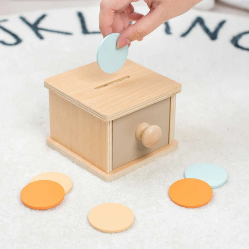 Wooden Teaching Aids Montessori Early Education Kindergarten Coin Box Drawer Games Children Object Recognition Type Color