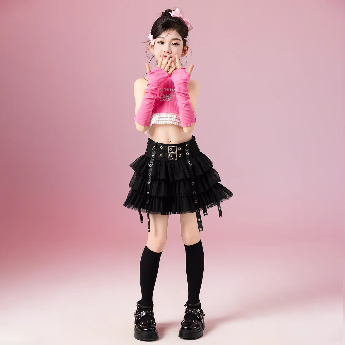 Jazz Outfit Ragazze Kpop Dance Stage Wear Modello Show Performance Suit Canotta rosa Gonna torta nera Abbigliamento da ballo jazz per bambini 3729