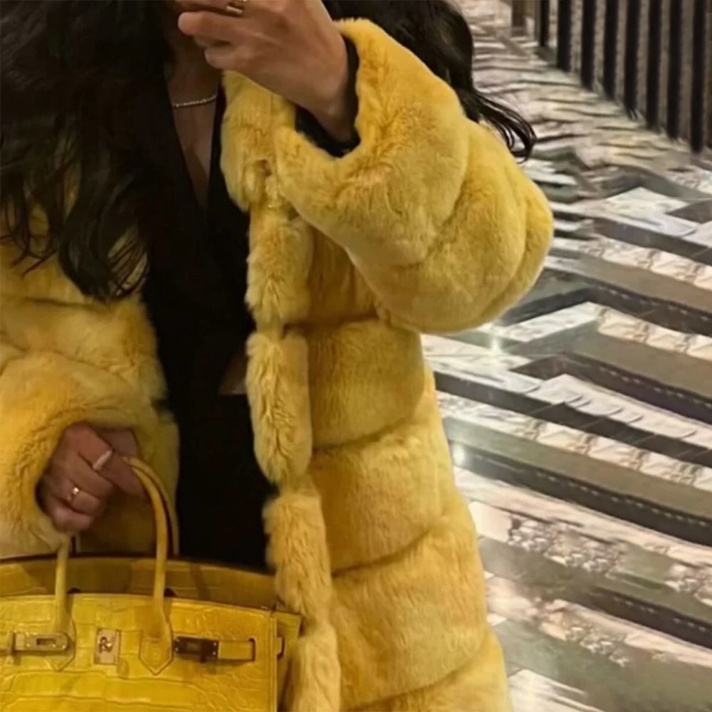 Yellow Womens Real Rex Rabbit Fur Coat Winter Luxury Genuine Fur Thick Overcoat Fashion Warm Natural Fur Outwear