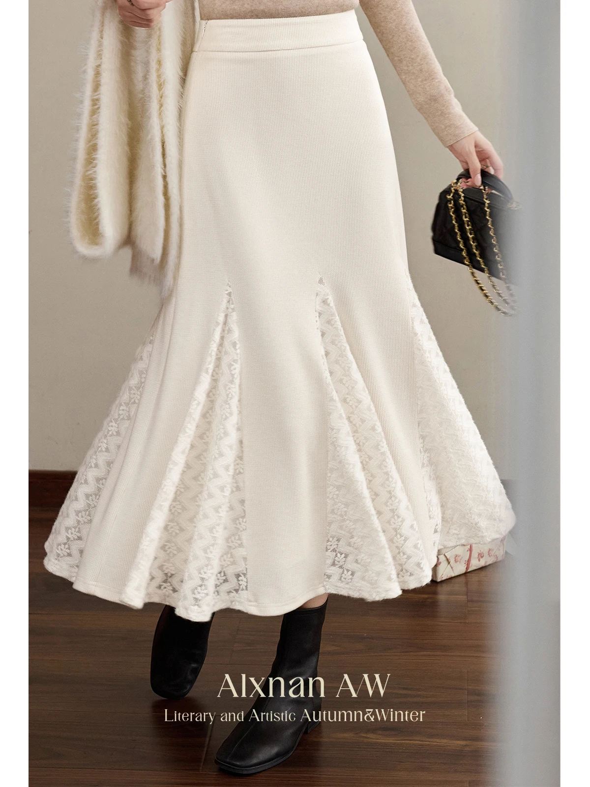 

ALXNAN Women's Skirt 2025 Autumn Winter Warm Apricot Long Lace Patchwork Skirts New Casual Elastic Waist Female Clothing L52216