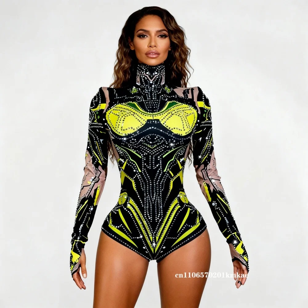 Sexy Stage Sparkly Rhinestones Bodysuit Green Dance Costume Party Bar Show Performance drag queen Outfit Cosplay Jazz dance