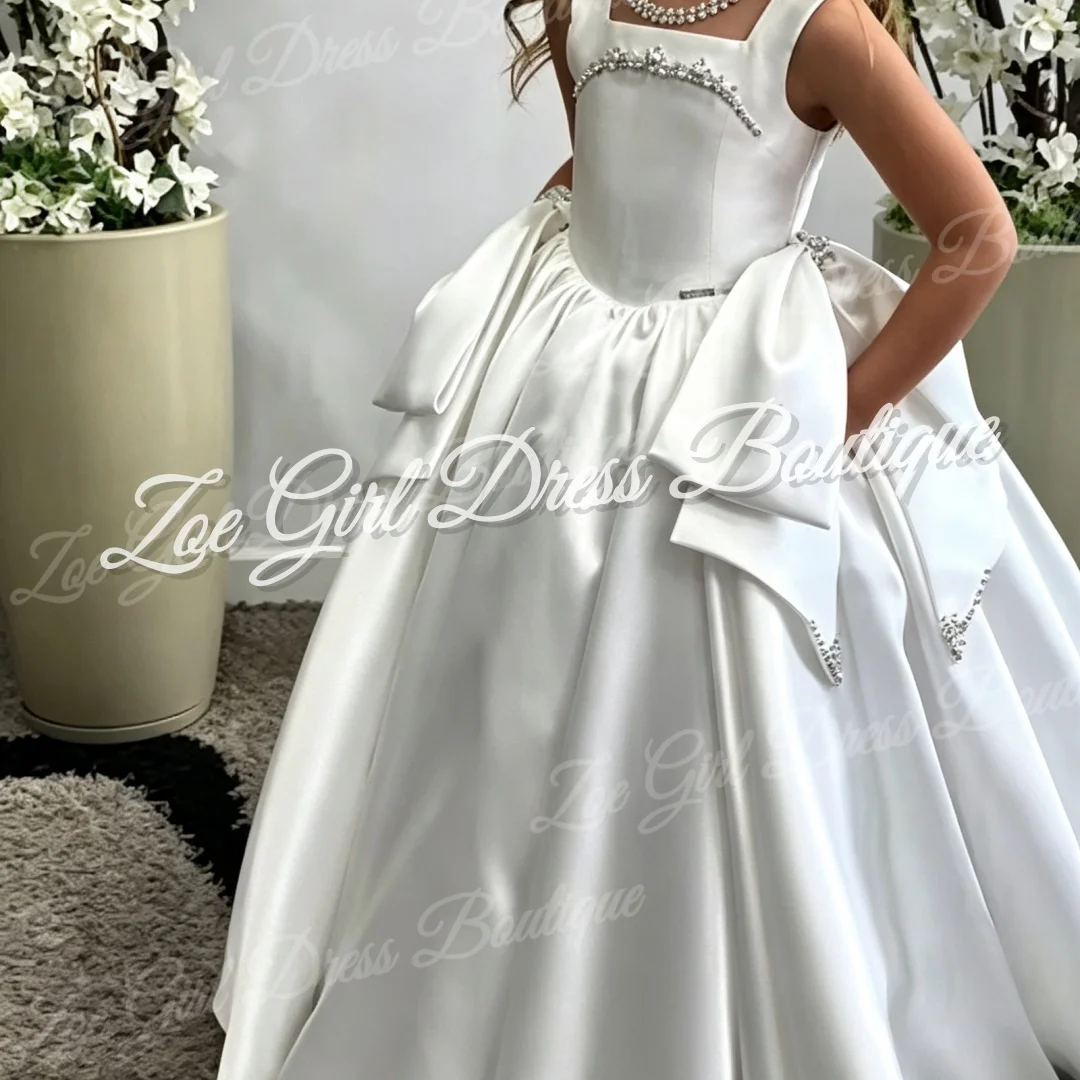 Vestido de Niña de las Flores de Satén Color Marfil con Cuello Cuadrado, Sin Mangas, Lazo Lateral con Pedrería, Largo de Vestido de Gala, para Fiesta de Noche, Bautizo, Personalizado