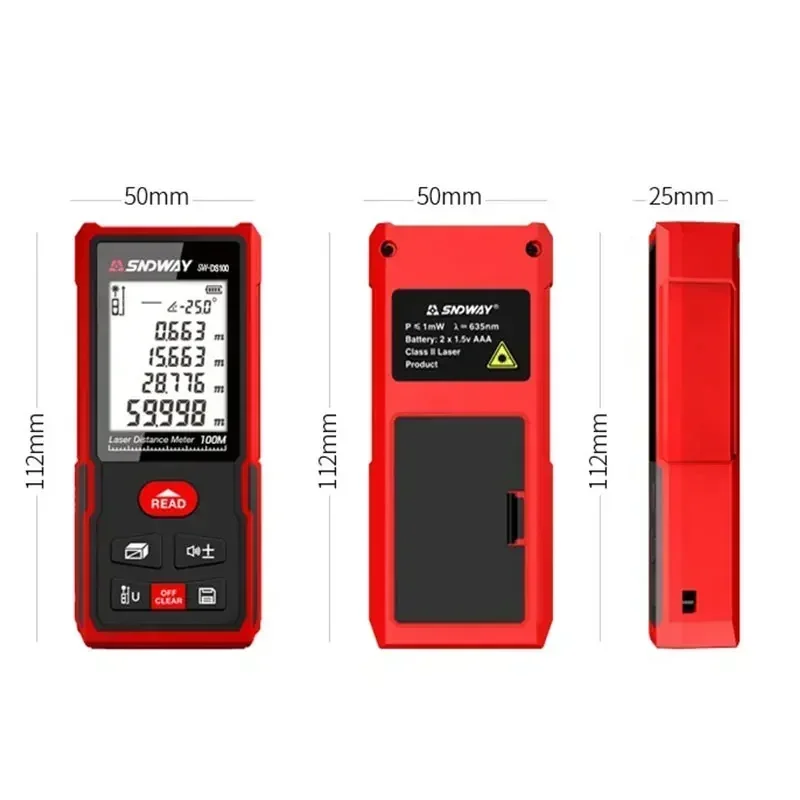 Englische Version SNDWAY Laser-Entfernungsmesser 50/70/100/120 m Laser-Maßband, digitaler Roulette-Entfernungsmesser, Entfernung/Bereich/Volumen/Se