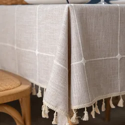 Linen Cotton Embroidery Lattice Tablecloth,Rectangular Dustproof Tassels Table Cover,for Kitchen Dinning Coffee Table Decoration