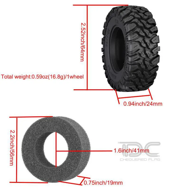 1.3 Inch Mt Tires+sponge 64x24mm 1/24 Rc Crawler Truck Car Parts For Axial Scx24 Fms Fcx24 Power Wagon 1/18 Rc Crawler Car