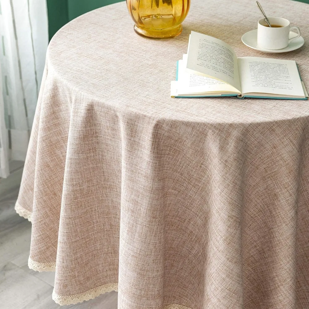

Rustic Linen Burlap Tablecloth, 90 Round, Heavyweight, Washable, with Lace Edge for Kitchen Dining Decor