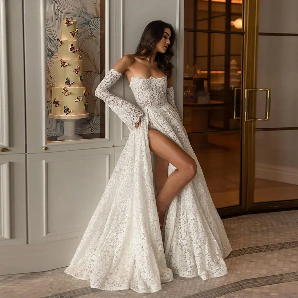 Onelife A Line Lace Appliques Wedding Dress Detachable Long Sleeves Slit Vestidos De Novia Floor Length Customized Robe Mariée