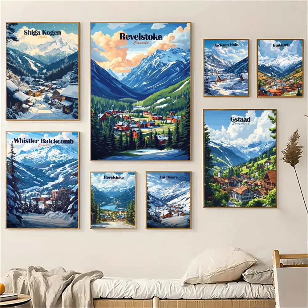 الشتاء جبل الثلج الفن اللوحة الخط صديقة للبيئة قماش مقاوم للماء المشارك الفن ، هدية تزيين المنزل والحمام