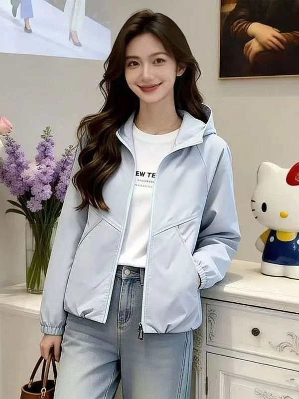 Spring New Style Women's Casual Loose Thin Two-layer Jacket Short Fashionable Windbreaker Coat Polyester Fiber Waterproof