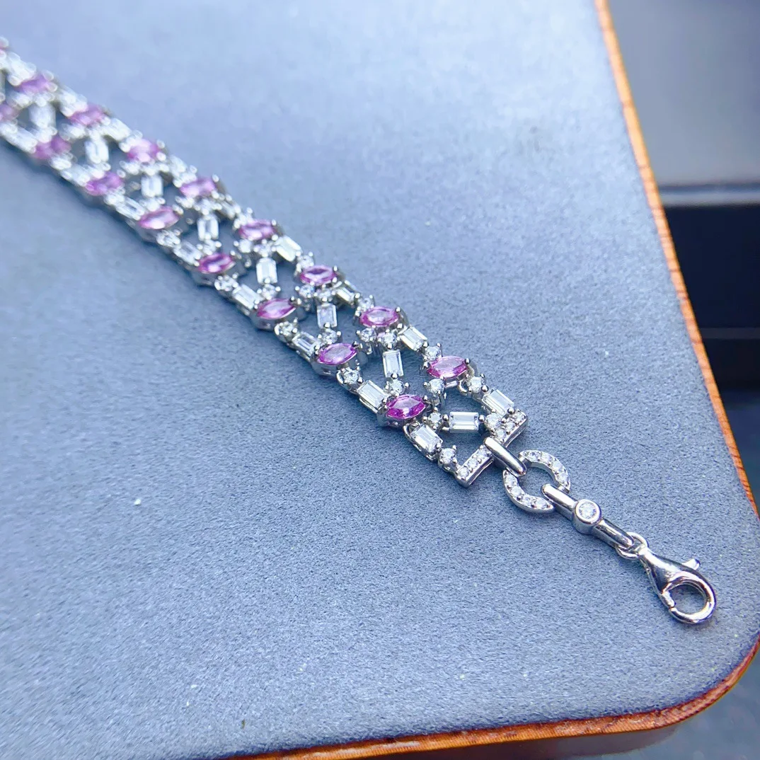 Natural Pink Sapphire Tennis Bracelet 2.5x4mm Marquise Cut 925 Silver with CZ Accents Hollow Out Statement Bracelet