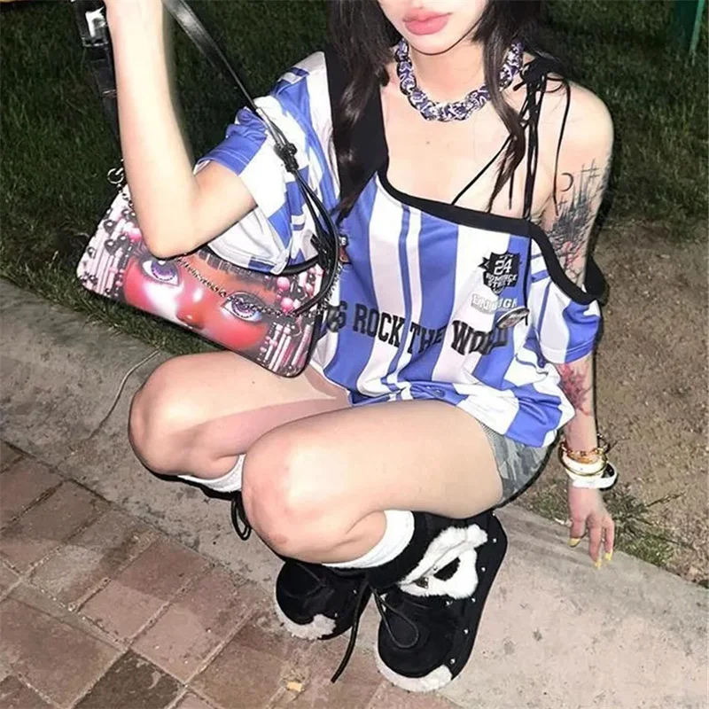 American Sloping Shoulder Baseball Jersey Hoodie Women's Loose Striped T-shirt Sports Top Y2k Vintage Fashion Striped T-Shirts