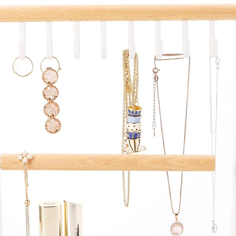 

New 3 Tier Table Top Necklace Holder With Jewelry Tray Base, White Metal And Wood Basic