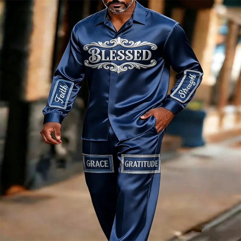 남성용 실키 새틴 2피스 파자마 세트 빈티지 블레스드 레터 프린트 긴소매 버튼 셔츠 바지 럭셔리 홈 캐주얼 라운지웨어