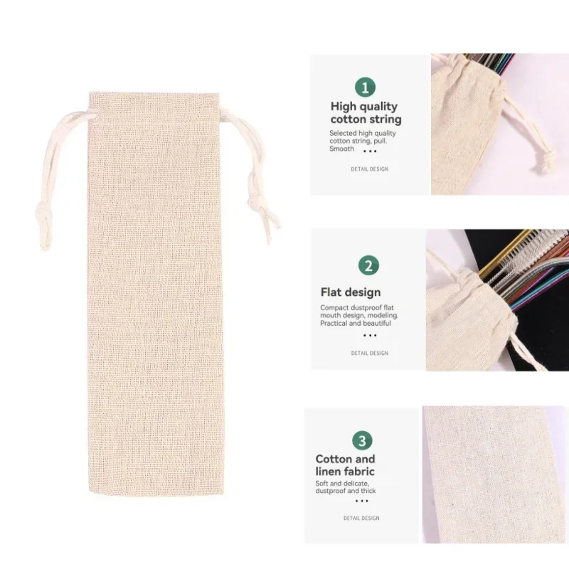 Cotton and Linen Drawstring Straw Storage Bag Tableware Portable Drawstring Pouch Dustproof Bag Knife Fork Protector Case