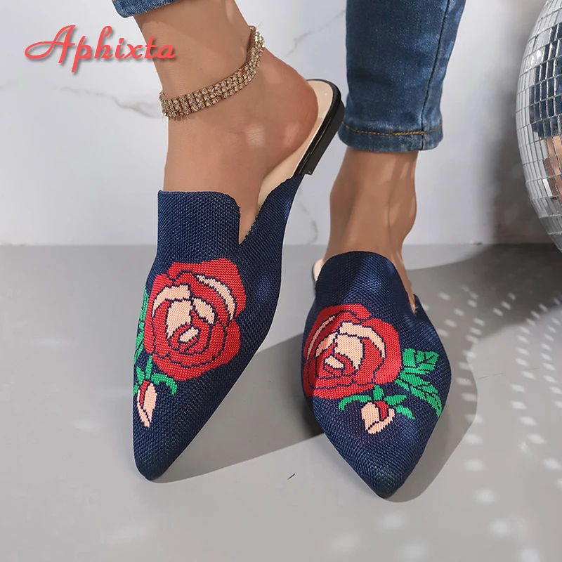 Aphixta pantofole da donna in tessuto elasticizzato Embrodier Flower Design donna scarpe da esterno muli a punta scarpe da donna estive taglia 42