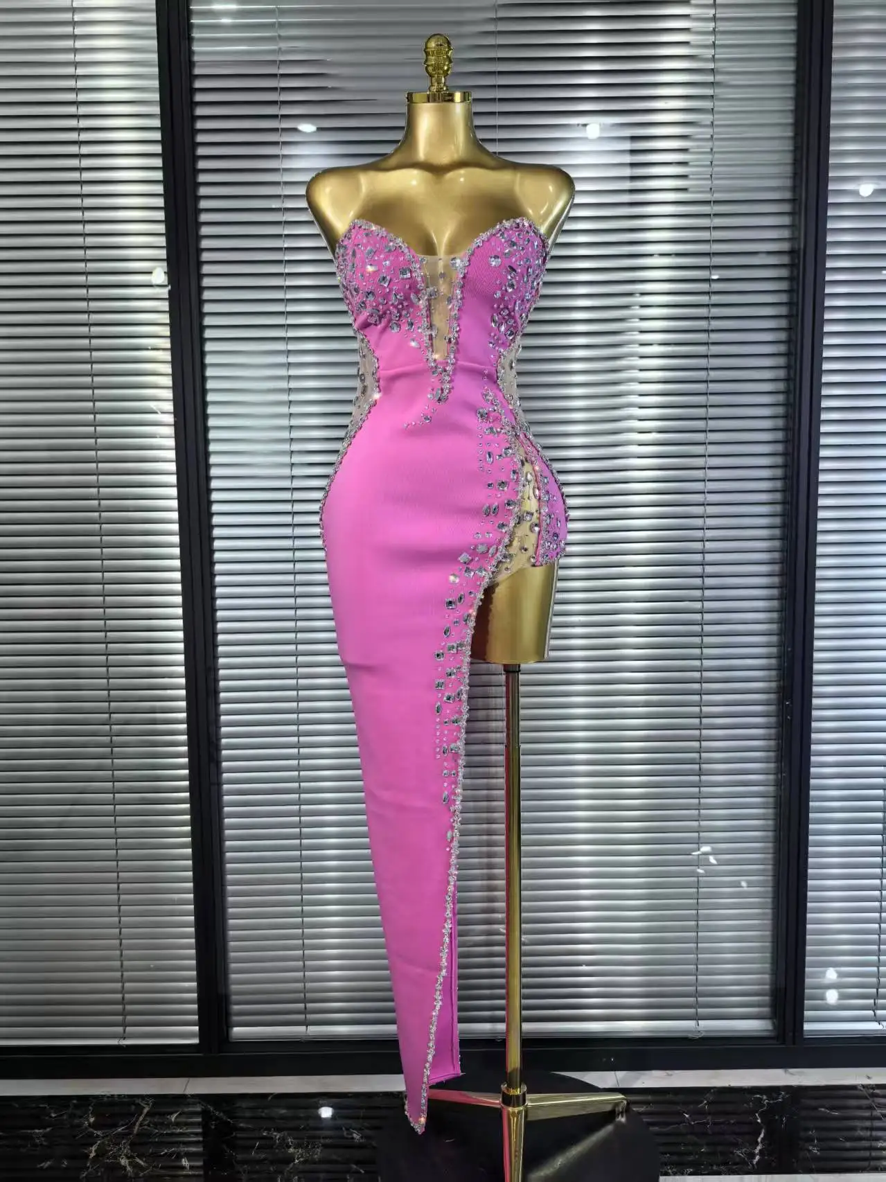 Vestido largo sexi sin tirantes de cristal brillante con abertura alta para mujer, Vestido largo ajustado para celebrar la fiesta de noche y cumpleaños