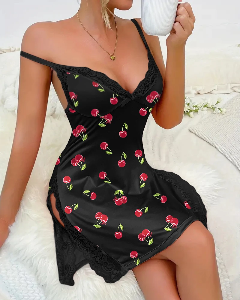 Womens Dress Sexy Romantic Home Clothing Cherry Print Low Cut V-neck Lace Patchwork Spaghetti Strap Slim Fit Slit Mini Nightgown