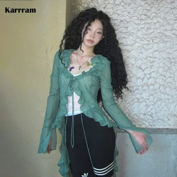 Karram יפנית y2k תחרה וינטג '2000 בסגנון ruffles חולצות ירוקות לא סדירה אמריקאית רטרו 90