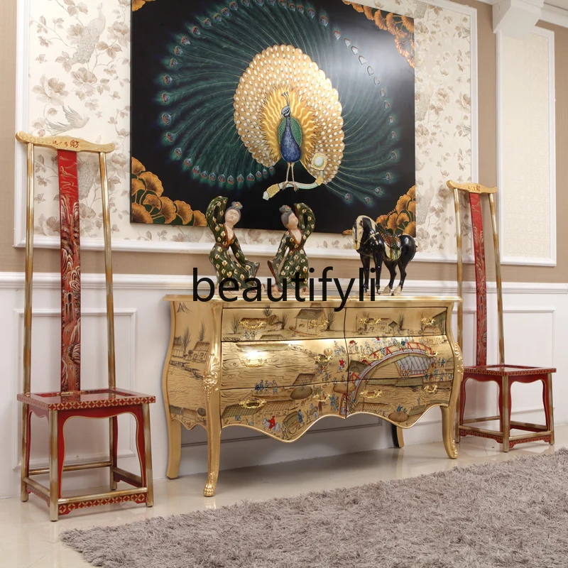 Gold foil painted Qingming Shanghe picture Solid wood entry foyer decoration Entrance cabinet Display cabinet