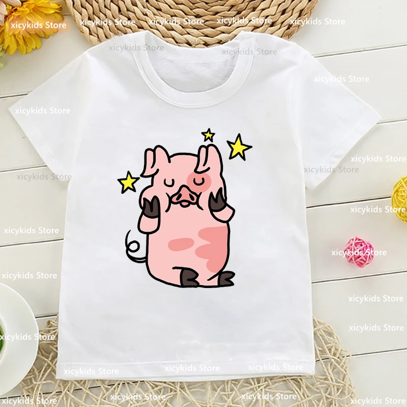 Kawaii Girls T-Shirt Cute Pink Pig Animal Print Young Children Fashion Casual Boys Girls Clothing White O-Collar Shirt Tops